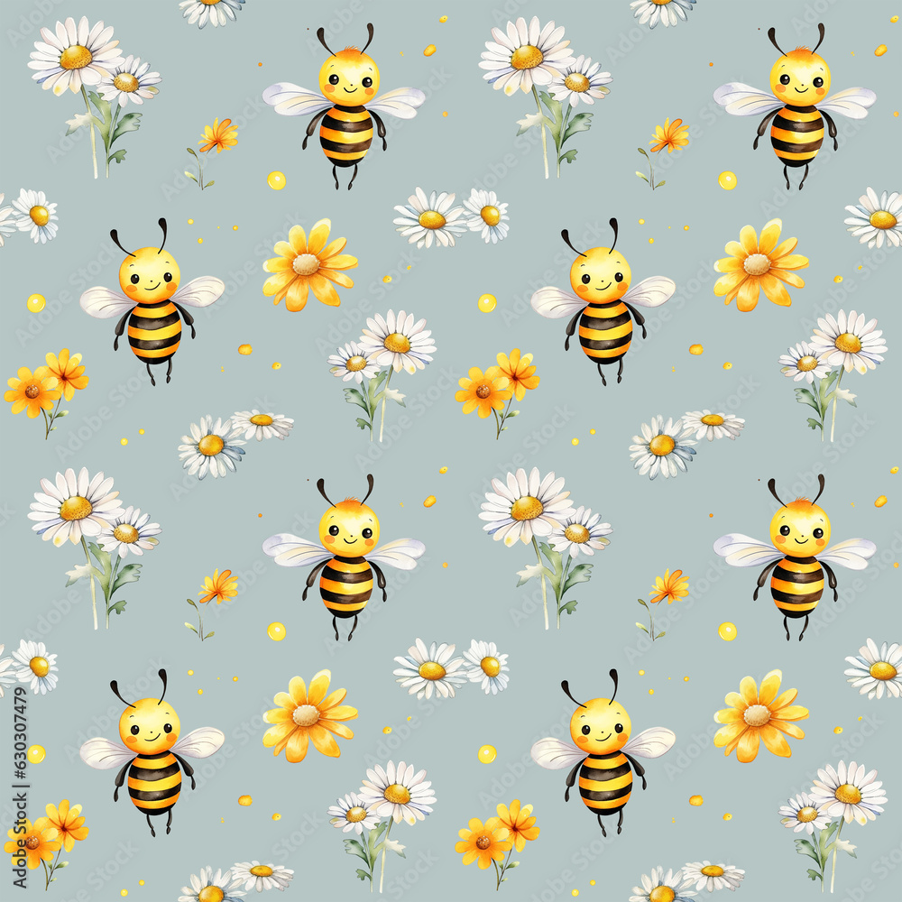 Fototapeta premium Seamless pattern with watercolor cute cartoon bee and flowers isolated on green background.