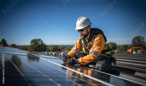 The solar farm(solar panel) with two engineers walk to check the operation of the system, Alternative energy to conserve the world's energy, Photovoltaic module idea for clean energy production. 