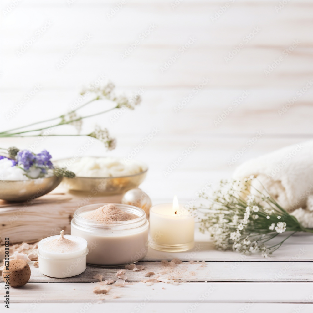 Beauty and fashion concept with spa set on white rustic wooden background Beauty and fashion concept with spa set on white rustic wooden background