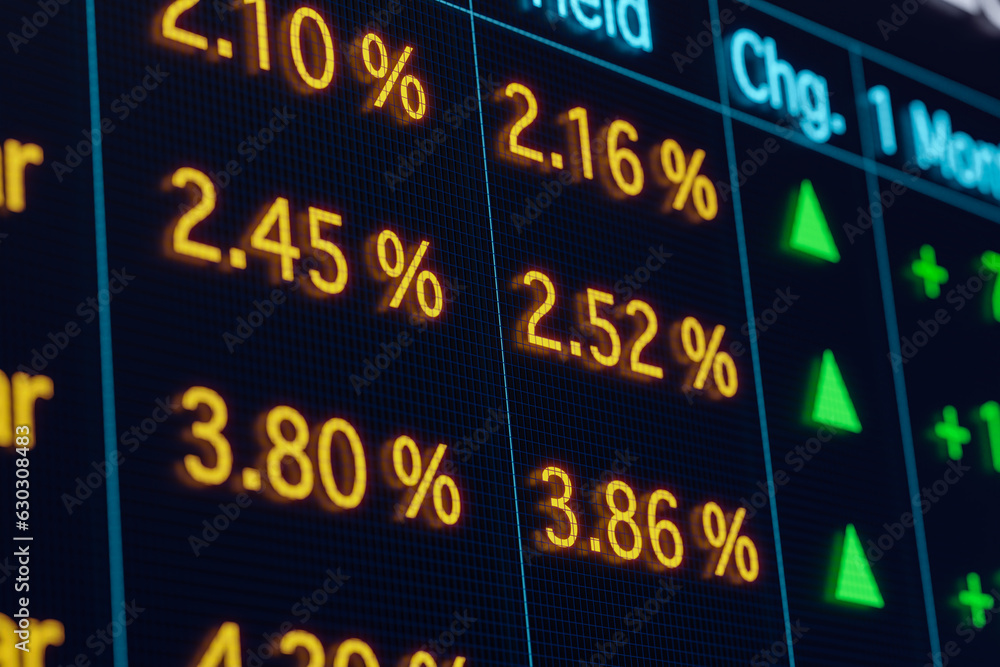 Yields and interest rates rising. Bond market yields and maturities. Stock market and exchange screen, finance, savings. 3D illustration Yields and interest rates rising. Bond market yields and maturities. Stock market and exchange screen, finance, savings. 3D illustration