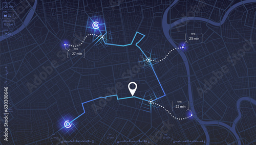Street roads and location, GPS navigator screen. Decorative graphic tourist map. Street roads and location. Abstract vector transportation background. Fragments of town. Vector, illustration.