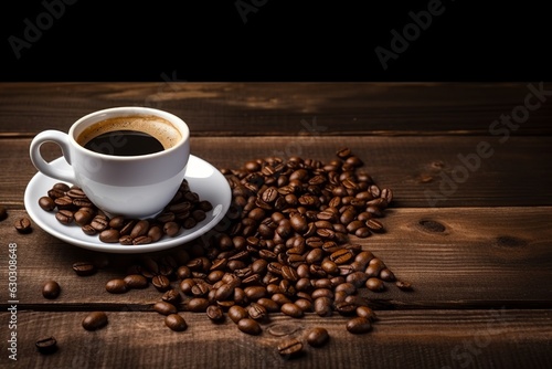 Coffee Cup With Coffee Beans On Wooden Background