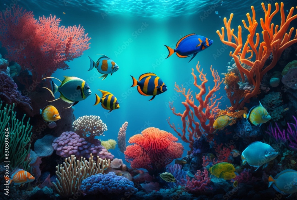 Tropical underwater fish in coral reefs. Underwater panorama. generative ai
