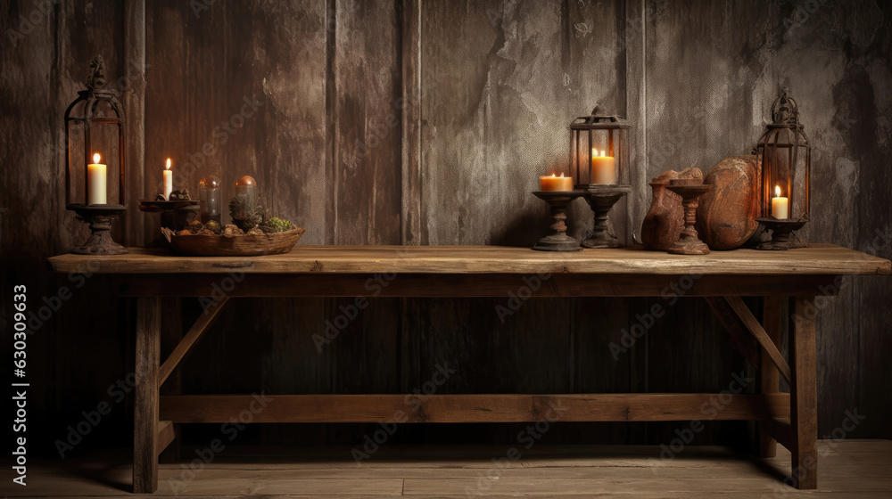 Wooden table with candles for product display Wooden table with candles for product display