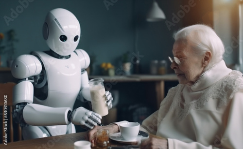 Fotografiet humanoid AI robot assists old senior woman in her household