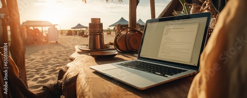 Remote job by the sea, at sunset or sunrise. freelancer, remote work.
