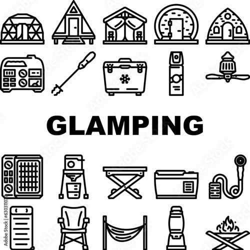glamping tent nature luxury tipi icons set vector. forest africa, barbecue glamour, camp, campfire bubble, chair beach, vacation glamping tent nature luxury tipi black contour illustrations