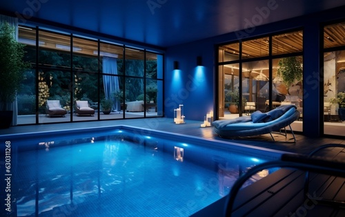 Luxurious Indoor Pool Modern Blue Summer. Relaxation AI