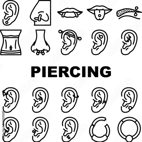 piercing ring earring nose icons set vector. metal jewelry, body pierce, nipple silver, hoop face, jewellery ear, navel piercing ring earring nose black contour illustrations