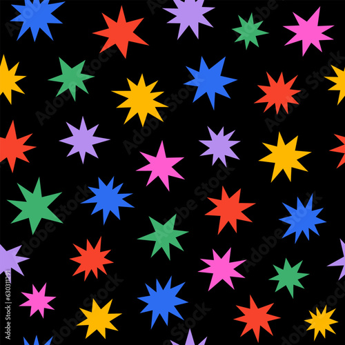 Seamless pattern with colorful stars on black background. Trendy irregular stars. Modern print, geometric shapes, vibrant colors. Vector illustration.