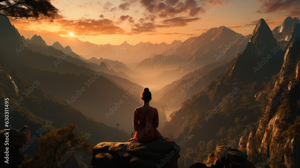 Generative ai illustration of  mountain landscape at sunrise, with a solitary figure practicing yoga on a cliff edge