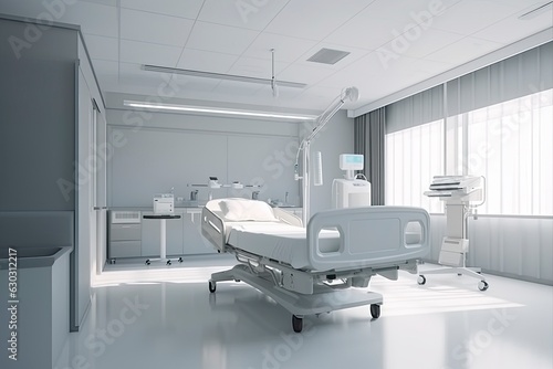 Interior of intensive care unit at hospital. Hospital bed specially designed for hospitalized patients. Clean and empty room with a bed in the new medical center. Empty hospital intensive care unit © elenbessonova