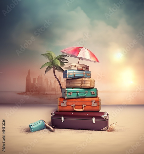 Travel, tourism concept, illustration. Suitcases  and palm on beach. AI generative © LN