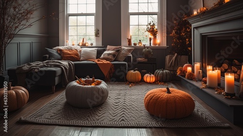 a cozy fall-palette living room interior with various cushions on the sofa and autumn pumpkin decor © Anastasia Shkut