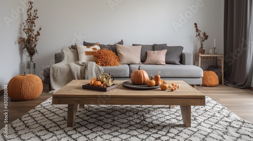 Tela a modern fall-palette living room interior with autumn pumpkin decor
