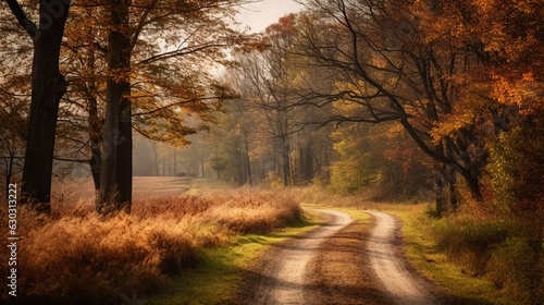 a winding country road with trees lining both sides, displaying their autumn colors