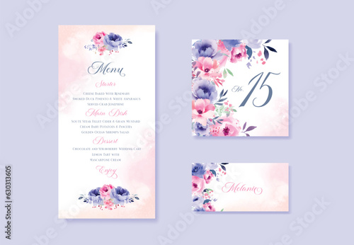 Watercolor floral wedding menu, table and escort cards with pink blue lilac peach Rose flowers illustration.