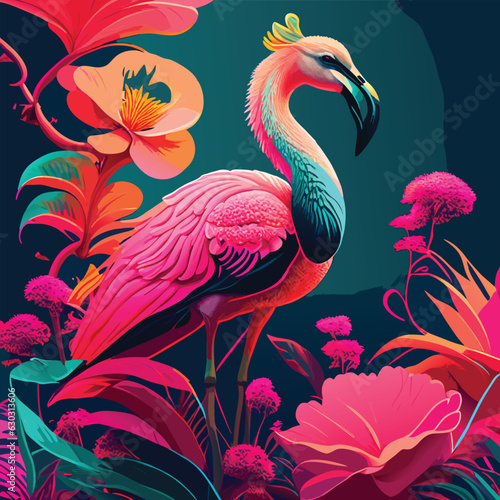 Beautiful vector floral summer pattern background with tropical,  flamingo, Perfect for wallpapers, web page backgrounds, surface textures, textile.