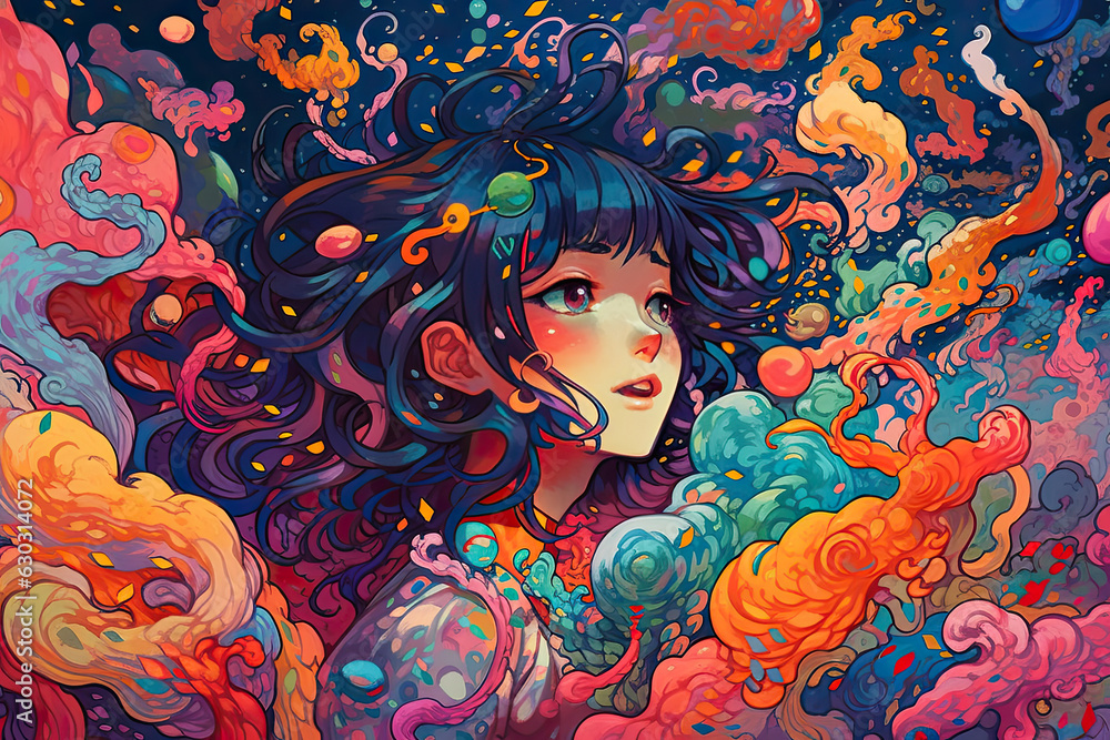 Anime-style illustration of pensive girl with loose developing hair and closed eyes enjoying surrounded by tendrils in form of tentacles in cosmic dreams Anime-style illustration of pensive girl with loose developing hair and closed eyes enjoying surrounded by tendrils in form of tentacles in cosmic dreams