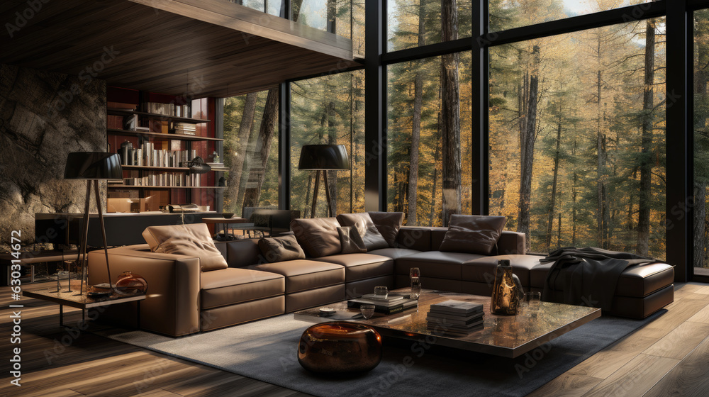 a cozy living room with windows and forest view in the background. a cozy living room with windows and forest view in the background.
