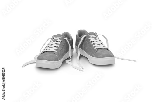 Leather grey color men sneakers with white lace and rubber soles isolated on transparent background