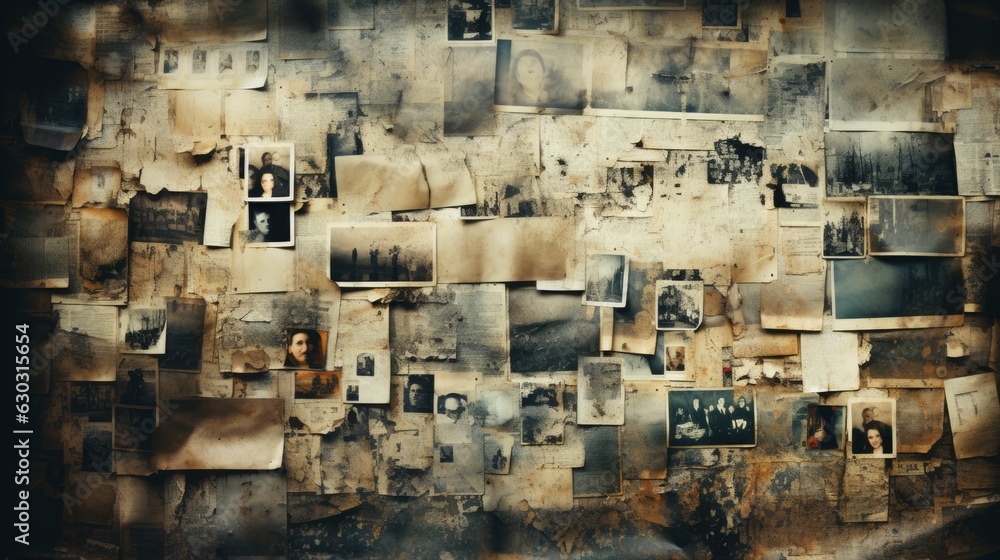 A wall covered by vintage photographic papers, old film negatives and polaroid texture