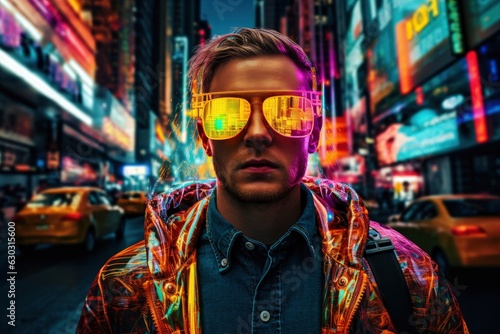 A man is walking in a futuristic city wearing a glowing jacket.