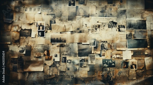 A wall covered by vintage photographic papers, old film negatives and polaroid texture