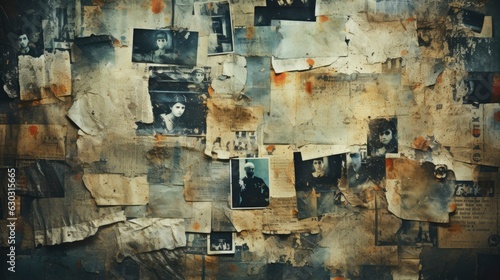 A wall covered by vintage photographic papers  old film negatives and polaroid texture