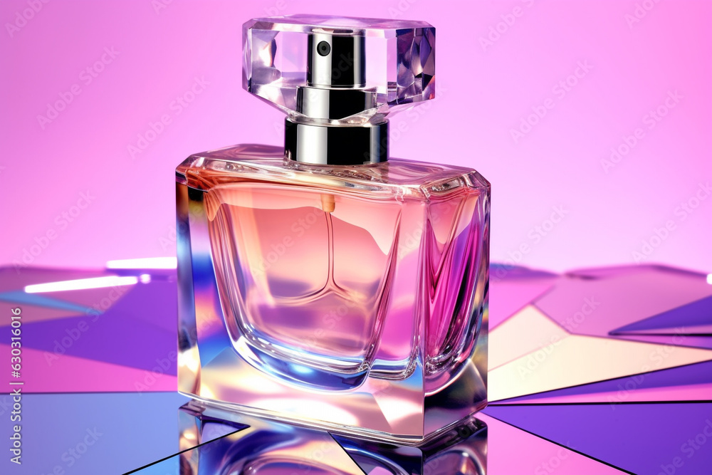 bottle of perfume on purple background, AI generated. bottle of perfume on purple background, AI generated.