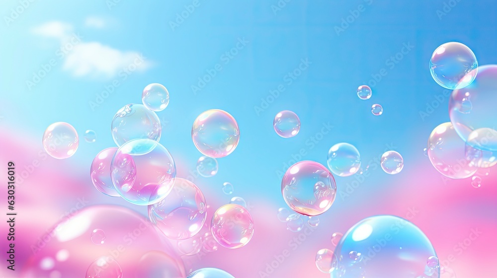 Colorful soap bubbles on pink and blue gradient