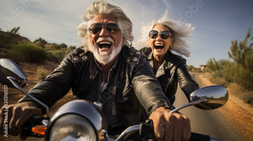 An elderly couple riding a motorcycle.
