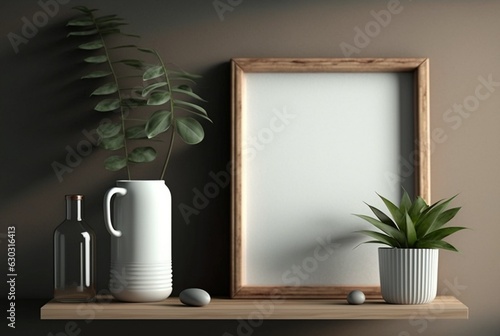 Wooden frame mockup with plant in vase on wall background, generative Ai