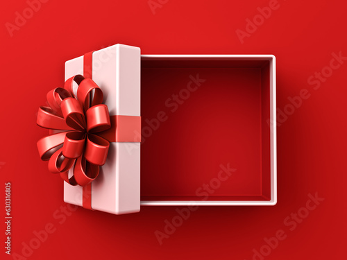 Leinwand Poster Blank white gift box open or top view of white present box tied with red ribbon