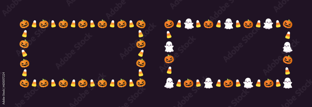 Fototapeta premium Cute Rectangle Halloween frame template set. Rectangular Halloween border with cartoon ghost, jack o lantern, pumpkins, candy corn. Social media banner vector illustration
