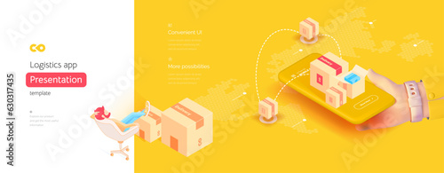 Delivery mobile application template. The hand is holding a smartphone. Delivery management. global navigation system. Geotags on the map. Isometric vector illustration isometry 3d style