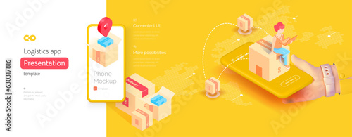 Delivery mobile application template. The hand is holding a smartphone. Delivery management. global navigation system. Geotags on the map. Isometric vector illustration isometry 3d style