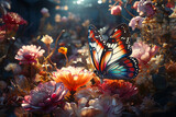 Beautiful pastel colors of butterflies and flowers shining in the gentle light. Generative AI