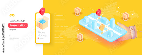 Delivery mobile application template. The hand is holding a smartphone. Delivery management. global navigation system. Geotags on the map. Isometric vector illustration isometry 3d style