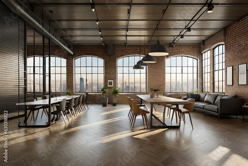 Design an interior of an industrial loft with exposed brick walls  metal accents  and large windows providing views of a bustling urban landscape