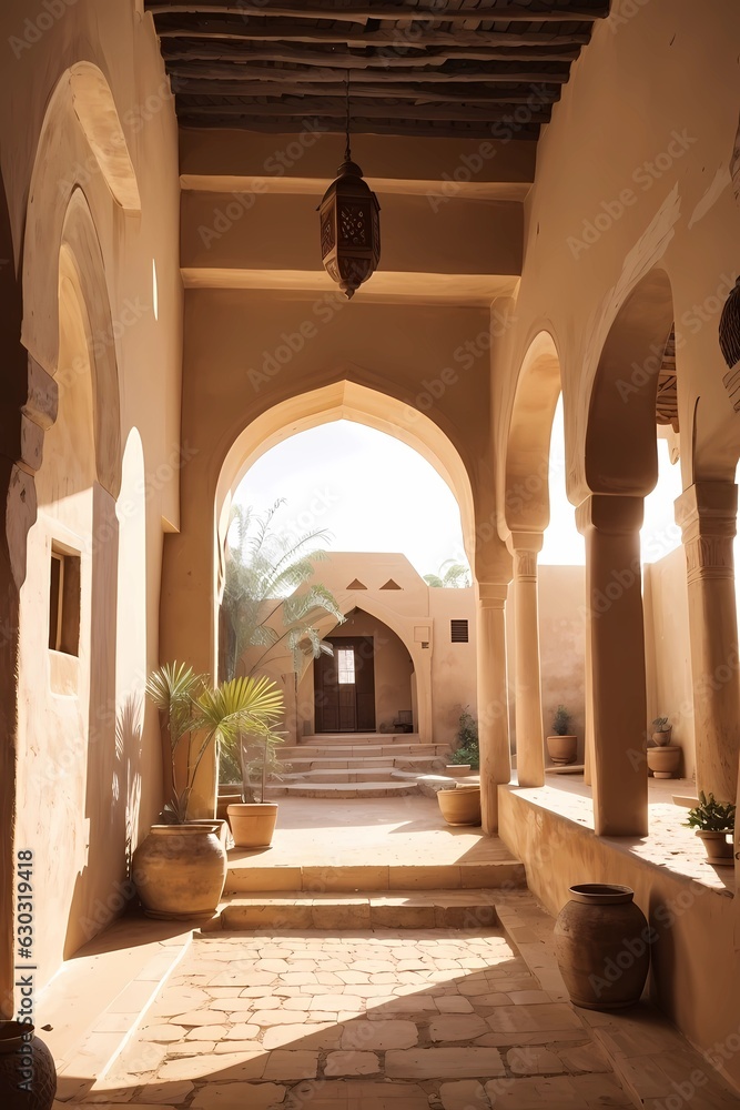 View of the inner courtyard of an old traditional Arab mud brick
