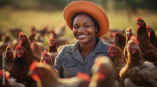Leinwand Poster Woman poultry farmer smiles surrounded by chickens on a farm.