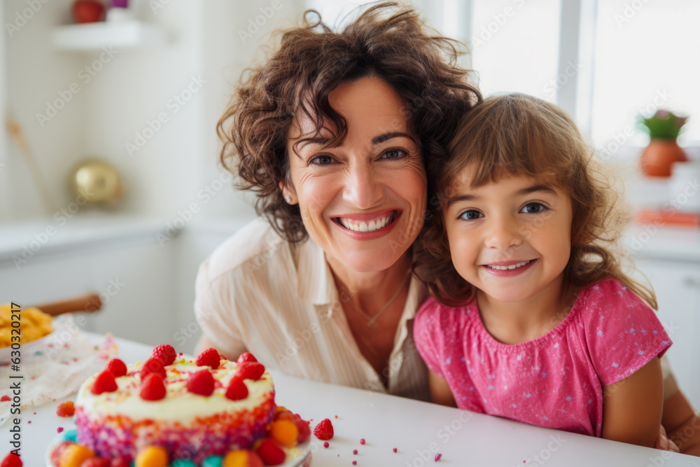 Grandmother and granddaughter joyfully bake a homemade cake together in