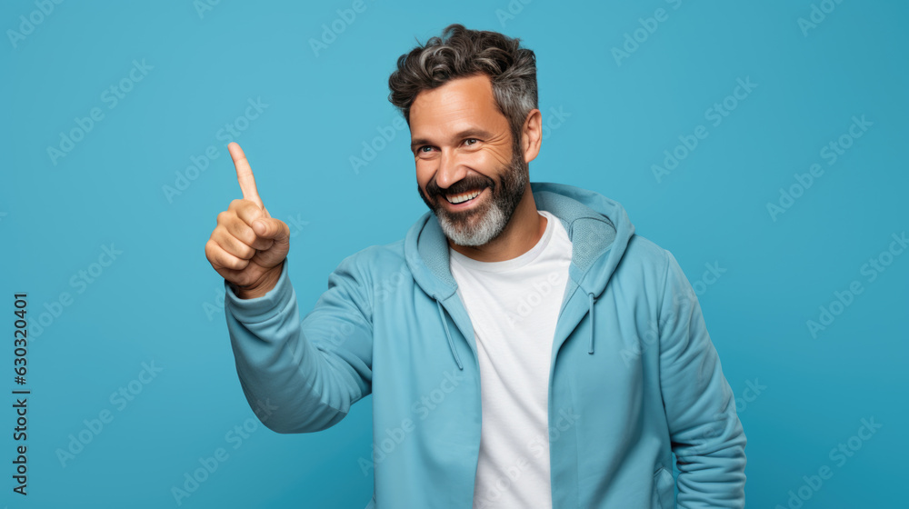 Middle aged man wearing casual clothes pointing with hand and finger to the side looking at the camera. Middle aged man wearing casual clothes pointing with hand and finger to the side looking at the camera.