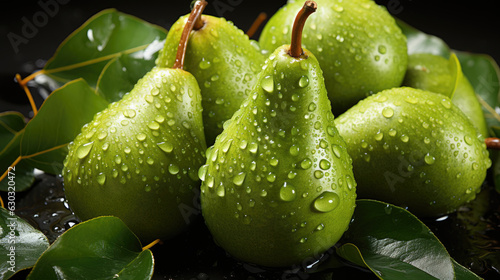 Pears background, adorned with glistening raindrops of water. top down view. shot using a dsIr camera, iso 800. professional color grading, Created with Generative AI Technology. photo