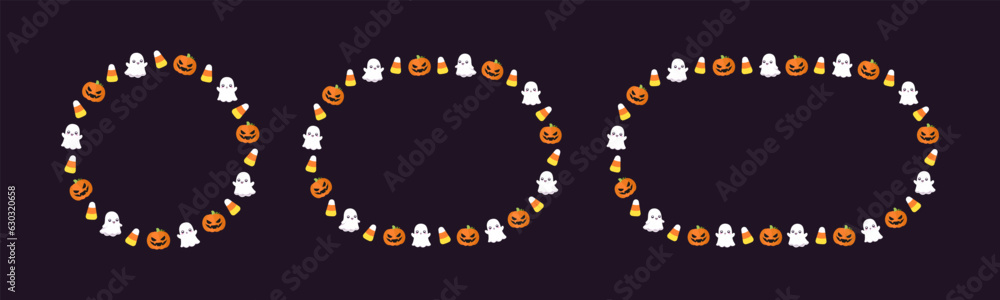 Round Halloween frame border design with cartoon ghost, jack o lantern, pumpkins, candy corn set. Cute Halloween card template collection. Vector illustrations.