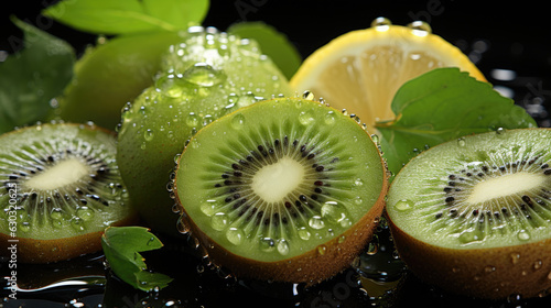 Kiwi background, adorned with glistening raindrops of water. top down view. shot using a dsIr camera, iso 800. professional color grading, Created with Generative AI Technology. photo