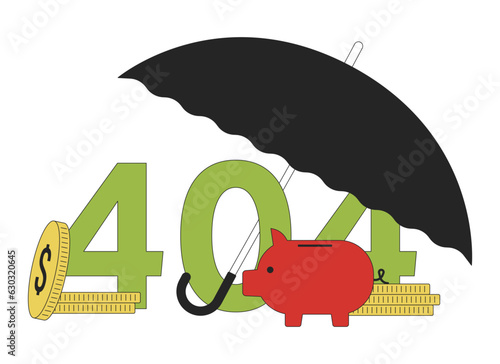 Umbrella cover savings error 404 flash message. Protect finances from risks. Empty state ui design. Page not found popup cartoon image. Vector flat illustration concept on white background