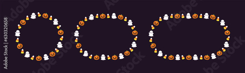 Round Halloween frame border design with cartoon ghost, jack o lantern, pumpkins, candy corn set. Cute Halloween card template collection. Vector illustrations.