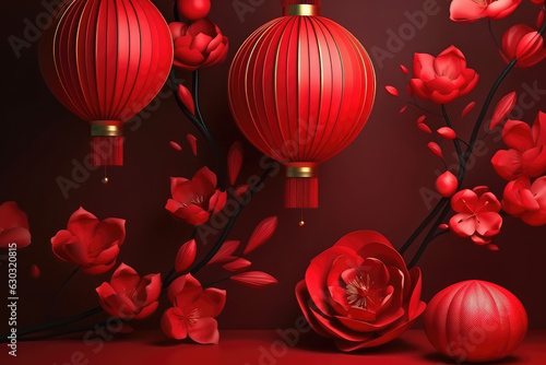 Lit red Chinese lanterns against a backdrop of flowers. Web banner, illustration not the theme of the Chinese New Year, the theme for the postcard, generative AI